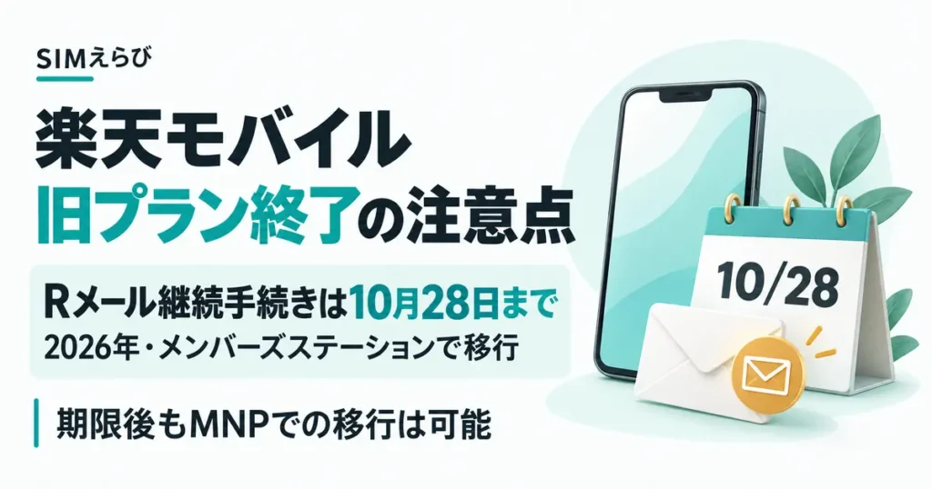 楽天モバイル旧プラン終了の注意点。Rメール継続手続きは2026年10月28日まで。期限後もMNPによるプラン移行は可能。