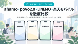ahamo・povo・LINEMO・楽天モバイルを使い方別に比較するイメージ